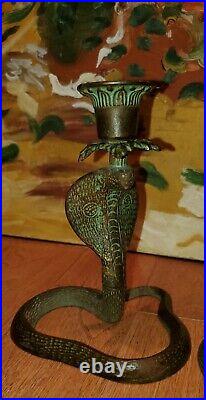 Vintage Cobra Snake Candle Holder Set Brass Etched Design Beautiful Patena