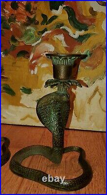 Vintage Cobra Snake Candle Holder Set Brass Etched Design Beautiful Patena