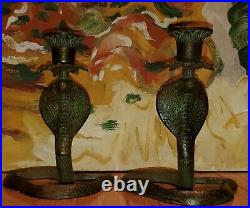 Vintage Cobra Snake Candle Holder Set Brass Etched Design Beautiful Patena