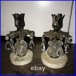 Vintage Crystal Brass Italian Marble Glass Victorian Candle Holder Pair Prisms