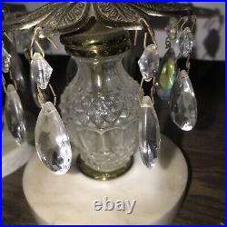 Vintage Crystal Brass Italian Marble Glass Victorian Candle Holder Pair Prisms