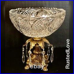 Vintage Crystal Candy Dish Brass Victorian Baroque Bowl with hanging Crystals