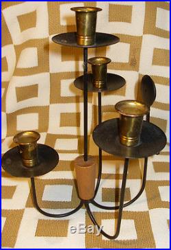Vintage Danish Modern 4 Candle Brass & Teak Metal Sconce Candle Holder MCM 1960