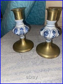 Vintage Delft Floral Blue and White Ceramic and Brass Candlesticks, a Pair 1950s