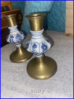 Vintage Delft Floral Blue and White Ceramic and Brass Candlesticks, a Pair 1950s