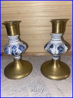 Vintage Delft Floral Blue and White Ceramic and Brass Candlesticks, a Pair 1950s