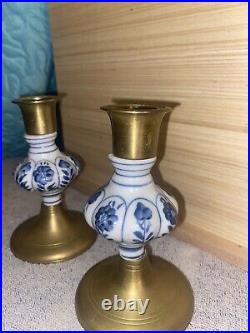 Vintage Delft Floral Blue and White Ceramic and Brass Candlesticks, a Pair 1950s