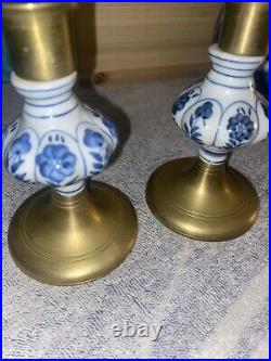 Vintage Delft Floral Blue and White Ceramic and Brass Candlesticks, a Pair 1950s