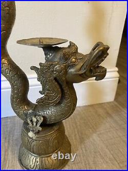 Vintage Dragon/FooDog Brass Candle Holder 23 Tall. Holds 2 Candles. Very Unique