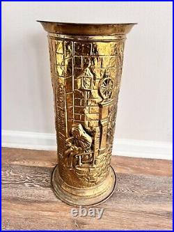 Vintage English Brass Embossed Umbrella Stand Cane Holder H19.5xD9