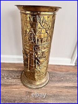 Vintage English Brass Embossed Umbrella Stand Cane Holder H19.5xD9