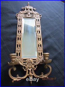 Vintage French Antique Gold Gilt Brass Sconce Mirror & Candle Holder