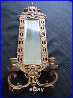 Vintage French Antique Gold Gilt Brass Sconce Mirror & Candle Holder