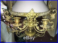 Vintage French Brass Oil Lamp Chandelier With6 Candle Holders & Milk Glass Shade