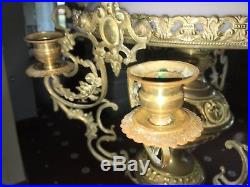 Vintage French Brass Oil Lamp Chandelier With6 Candle Holders & Milk Glass Shade