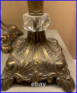 Vintage GIM 780 Brass Glass Candlestick PAIR 14 Crystals Heavy Solid Ornate