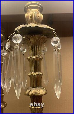 Vintage GIM 780 Brass Glass Candlestick PAIR 14 Crystals Heavy Solid Ornate