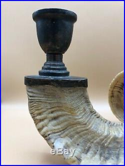 Vintage Genuine Rams Horn Candlestick Candle Holder Brass Trim