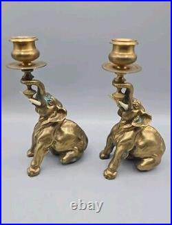 Vintage Gilded Brass Bronze Figural Elephant Candlesticks