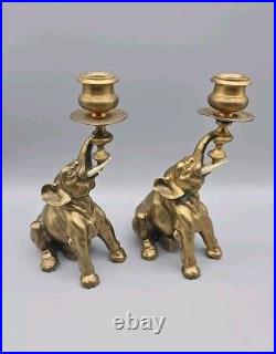 Vintage Gilded Brass Bronze Figural Elephant Candlesticks