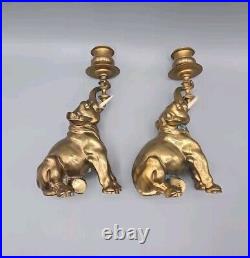 Vintage Gilded Brass Bronze Figural Elephant Candlesticks