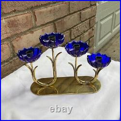 Vintage Gunnar Ander Ystad Metall Brass Blue Art Glass Candlestick Holder 1950's