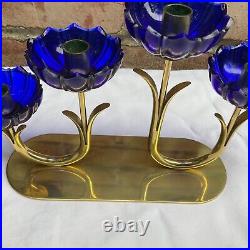 Vintage Gunnar Ander Ystad Metall Brass Blue Art Glass Candlestick Holder 1950's