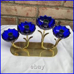 Vintage Gunnar Ander Ystad Metall Brass Blue Art Glass Candlestick Holder 1950's