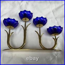 Vintage Gunnar Ander Ystad Metall Brass Blue Art Glass Candlestick Holder 1950's