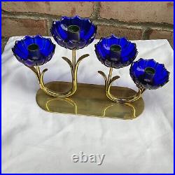 Vintage Gunnar Ander Ystad Metall Brass Blue Art Glass Candlestick Holder 1950's