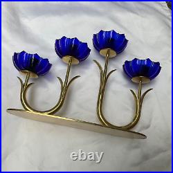 Vintage Gunnar Ander Ystad Metall Brass Blue Art Glass Candlestick Holder 1950's