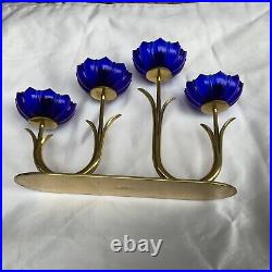 Vintage Gunnar Ander Ystad Metall Brass Blue Art Glass Candlestick Holder 1950's