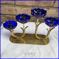 Vintage Gunnar Ander Ystad Metall Brass Blue Art Glass Candlestick Holder 1950's