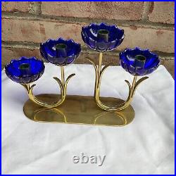 Vintage Gunnar Ander Ystad Metall Brass Blue Art Glass Candlestick Holder 1950's