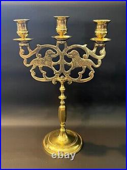 Vintage Heavy Solid Brass 3-Lights Candelabra Candle Holder with2 Foo Dog Lions