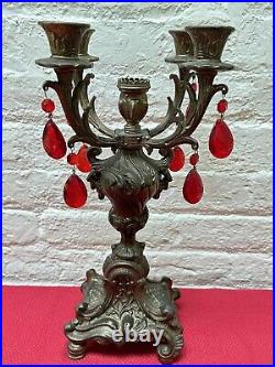 Vintage Hollywood Regency Brass Candlestick Candelabra 4 Arm Red Crystal Prisms