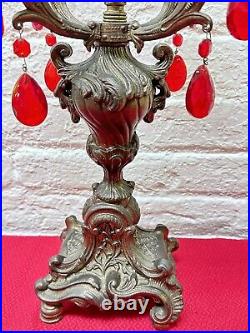 Vintage Hollywood Regency Brass Candlestick Candelabra 4 Arm Red Crystal Prisms