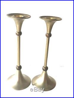 Vintage Hollywood Regency Lacquered Nickel & BRASS Candlesticks Holders Pair