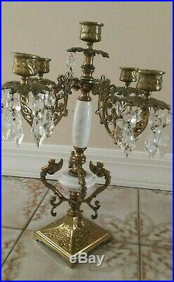 Vintage Italian 5 Arm Candelabra Candle Holder Marble Brass Crystals