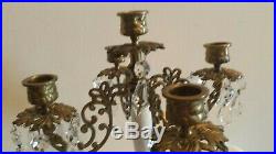 Vintage Italian 5 Arm Candelabra Candle Holder Marble Brass Crystals