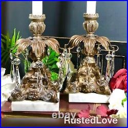 Vintage Italian Brass Candle holders with Crystals / Marble base / Baroque Style