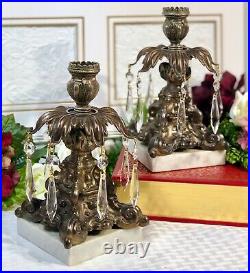 Vintage Italian Brass Candle holders with Crystals / Marble base / Baroque Style