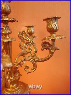 Vintage Italian Brevettato Baroque Brass Candelabra Green Marble & Lions, signed