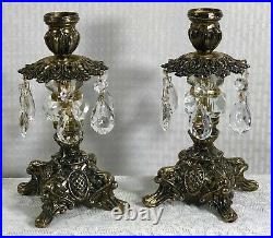 Vintage Italian Candle Holders Gilt Baroque With Hanging Crystals a Pair