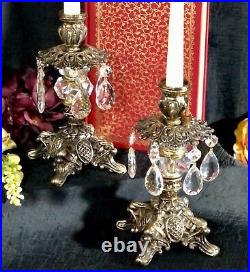 Vintage Italian Candle Holders Gilt Baroque With Hanging Crystals a Pair
