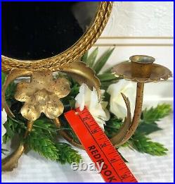 Vintage Italian Gilt Gold Tole Mirror Candle holders Leaves Made in Italy