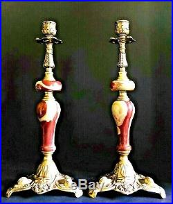 Vintage Italian Onyx and Brass Candlesticks with Koi Fish or Dolphin Detail