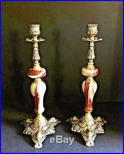 Vintage Italian Onyx and Brass Candlesticks with Koi Fish or Dolphin Detail