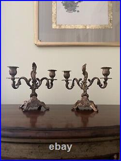 Vintage Italian Rococo Heavy Brass Candelabra A Pair