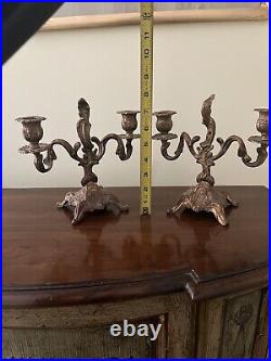 Vintage Italian Rococo Heavy Brass Candelabra A Pair